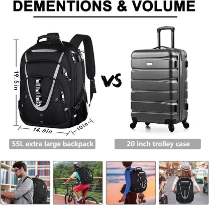 18.4 Laptop Backpack for Men, 55L-60L Extra Large Gaming Laptops Backpack with USB Charger Port, TSA Friendly Flight Approved RFID Anti-Theft Pocket, Water Resistant Suiltable for Travel Business Work